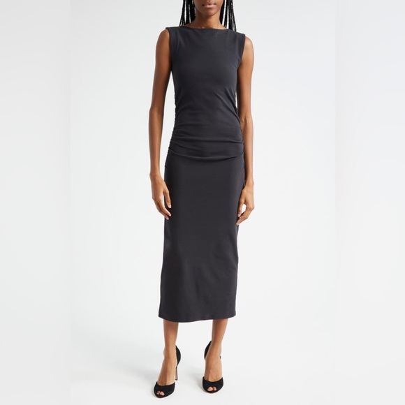 Alice + Olivia Ruched Sleeveless Stretch Cotton Dark‎ grey Midi Dress